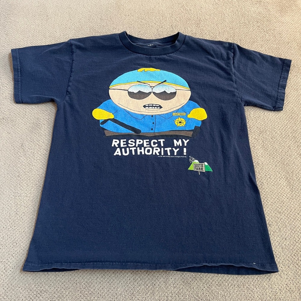 Vintage 1998 South Park Cartman Respect My Authority T-Shirt Navy‎ Blue Large
